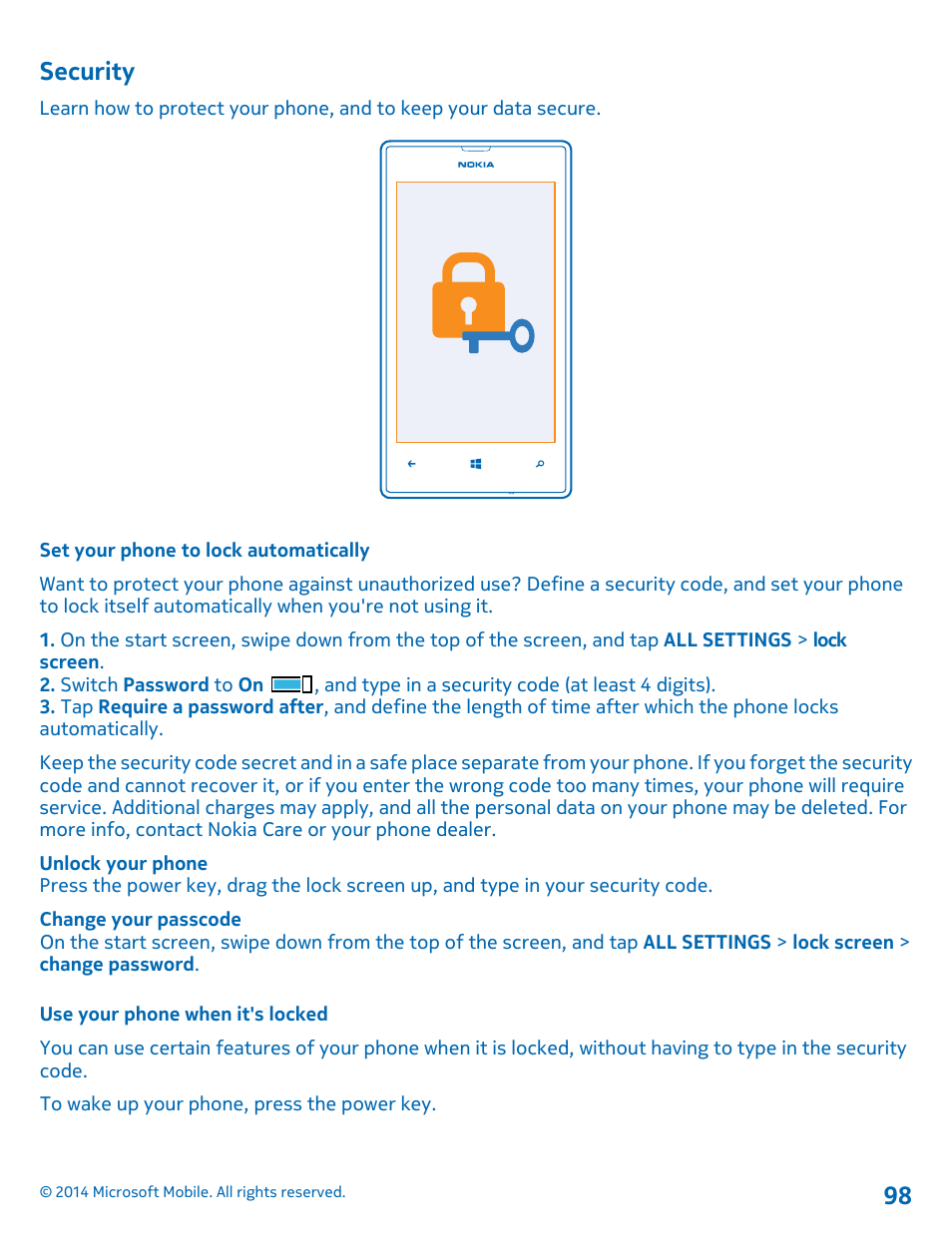 Security, Set your phone to lock automatically, Use your phone when it's locked | Nokia Lumia 520 User Manual | Page 98 / 108