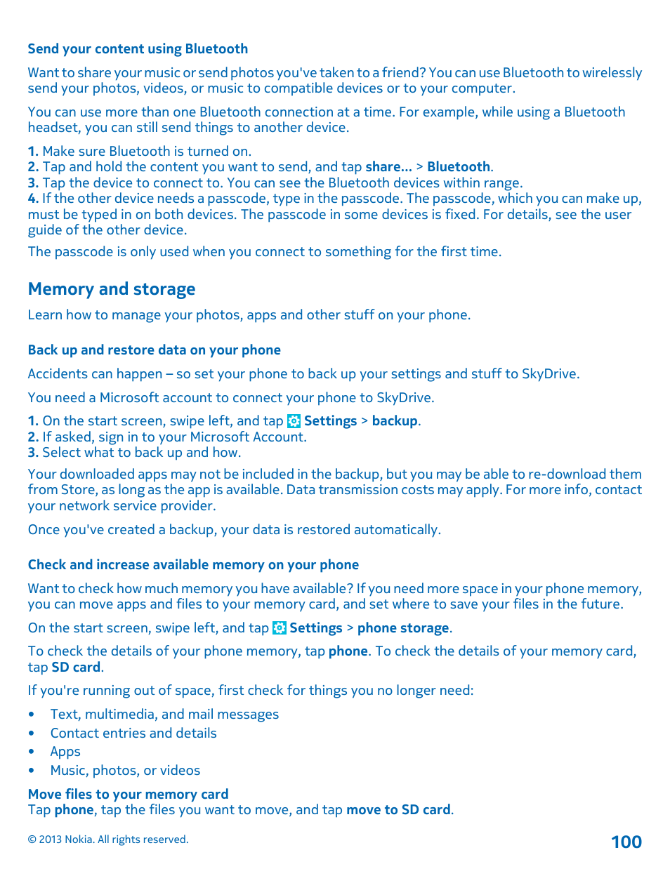 Send your content using bluetooth, Memory and storage, Back up and restore data on your phone | Check and increase available memory on your phone | Nokia Lumia 810 User Manual | Page 100 / 116