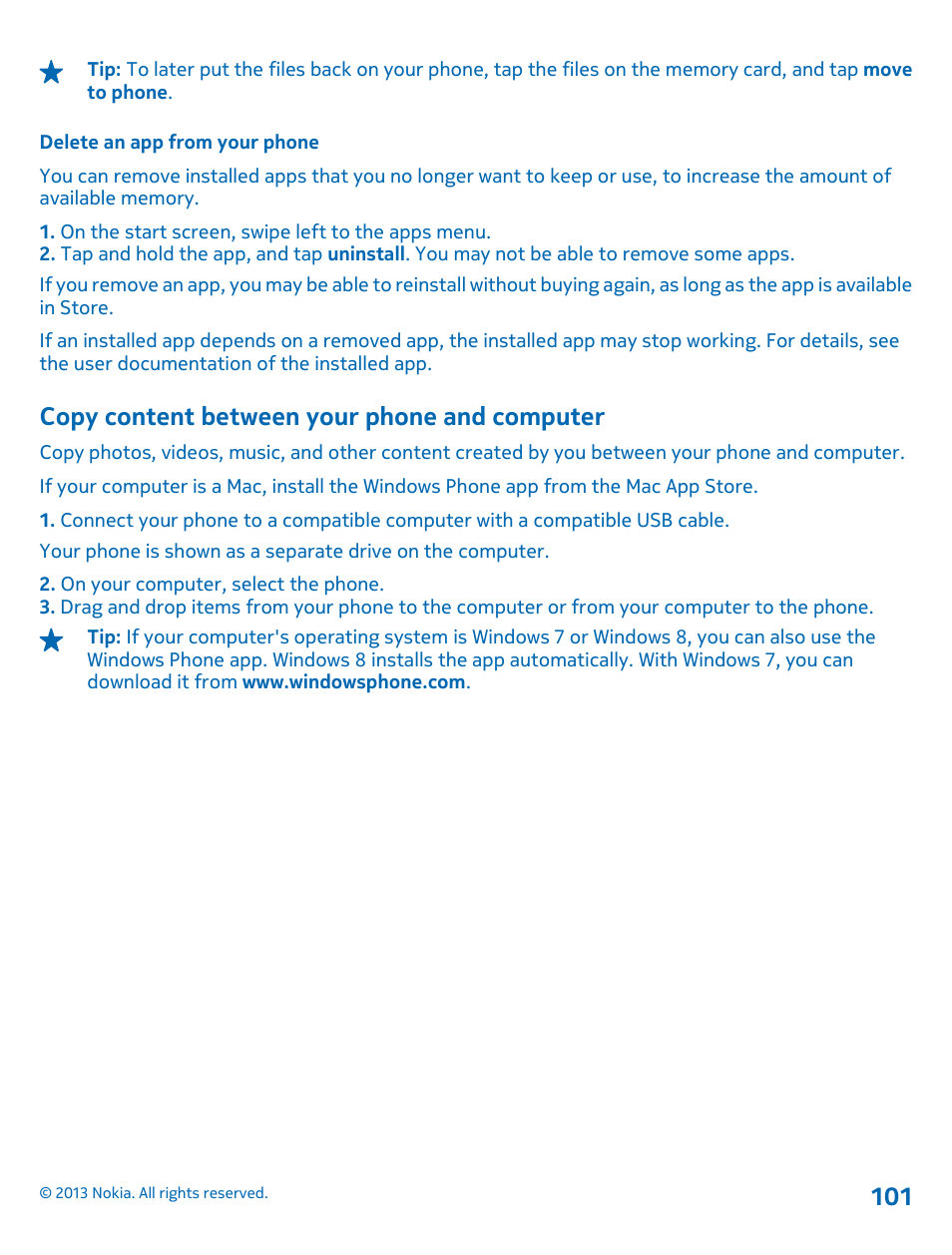Delete an app from your phone, Copy content between your phone and computer, Copy content between your phone and | Computer 101 | Nokia Lumia 810 User Manual | Page 101 / 116