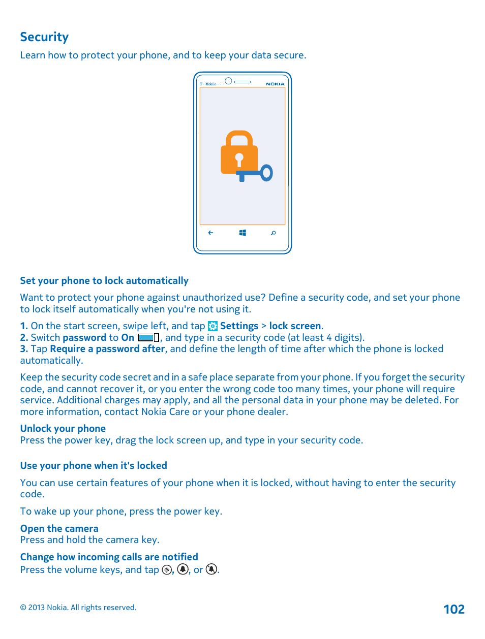 Security, Set your phone to lock automatically, Use your phone when it's locked | Security 102 | Nokia Lumia 810 User Manual | Page 102 / 116