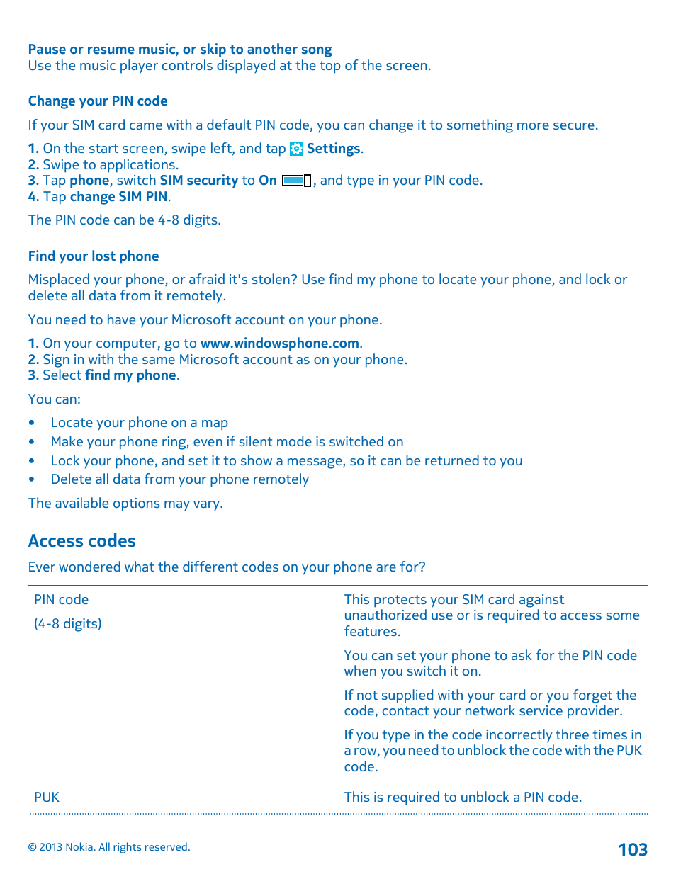 Change your pin code, Find your lost phone, Access codes | Nokia Lumia 810 User Manual | Page 103 / 116