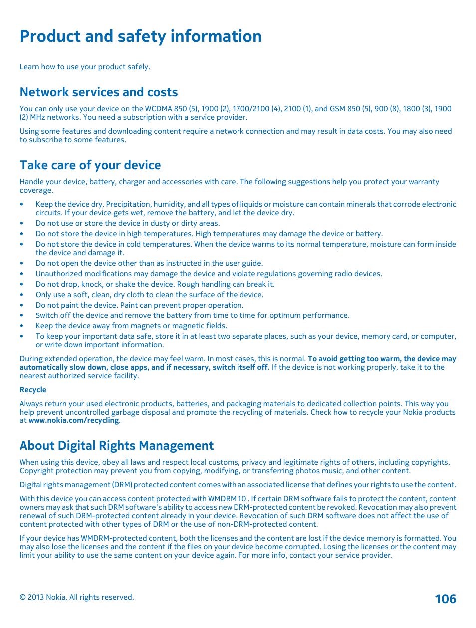 Product and safety information, Network services and costs, Take care of your device | About digital rights management | Nokia Lumia 810 User Manual | Page 106 / 116