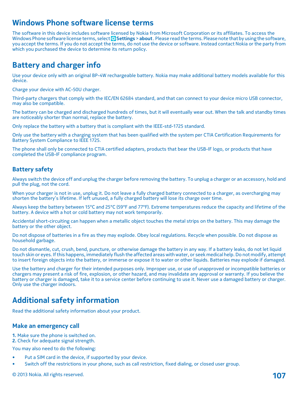Windows phone software license terms, Battery and charger info, Battery safety | Additional safety information, Make an emergency call | Nokia Lumia 810 User Manual | Page 107 / 116