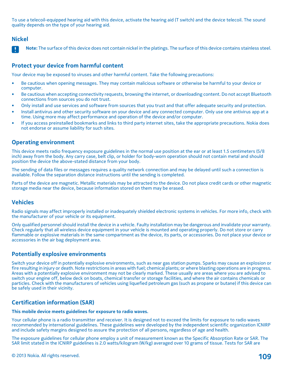 Nickel, Protect your device from harmful content, Operating environment | Vehicles, Potentially explosive environments, Certification information (sar) | Nokia Lumia 810 User Manual | Page 109 / 116