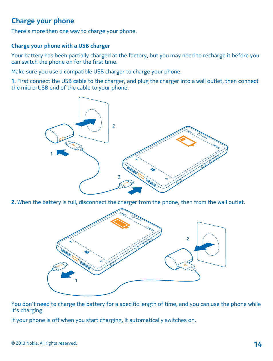 Charge your phone, Charge your phone with a usb charger | Nokia Lumia 810 User Manual | Page 14 / 116