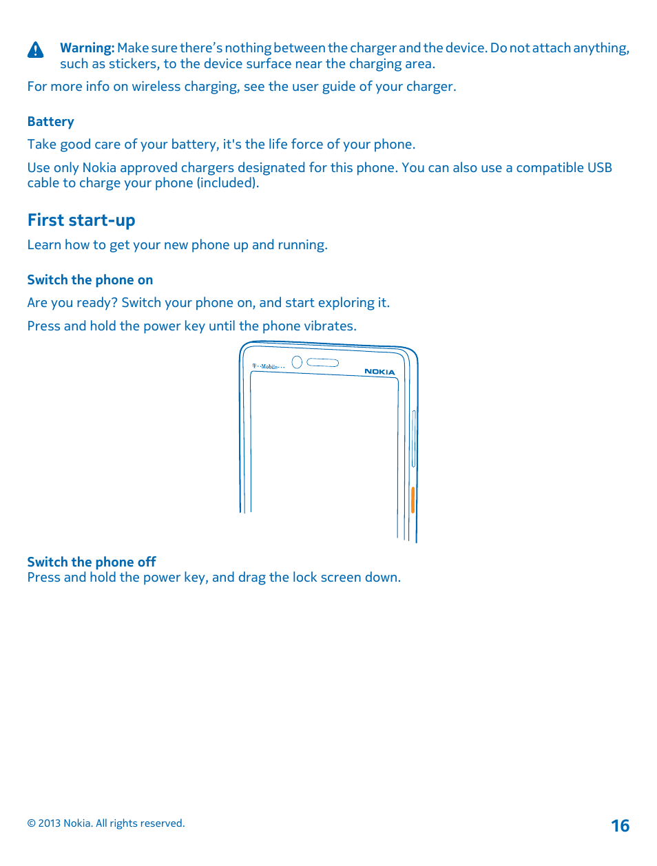 Battery, First start-up, Switch the phone on | Nokia Lumia 810 User Manual | Page 16 / 116