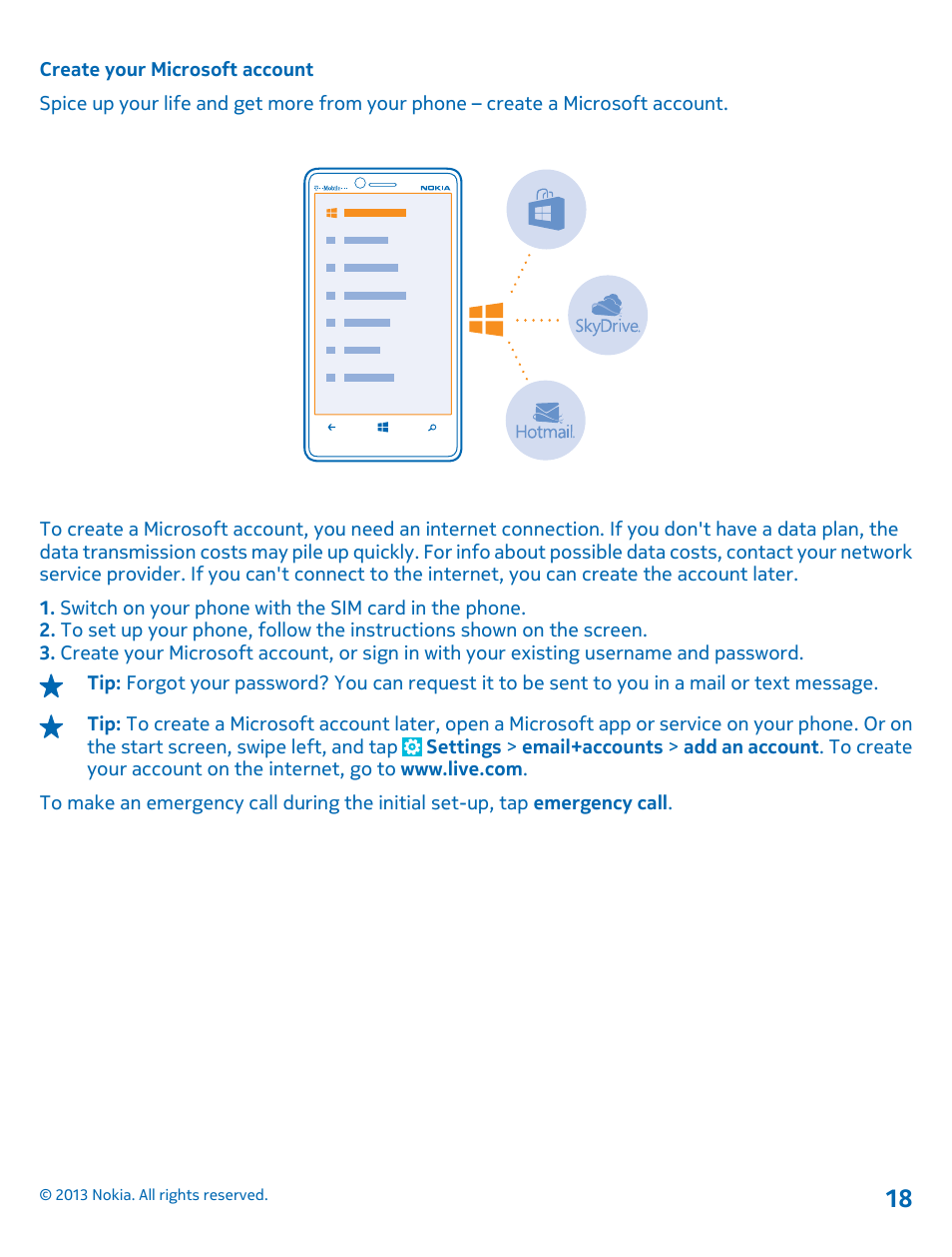 Create your microsoft account | Nokia Lumia 810 User Manual | Page 18 / 116