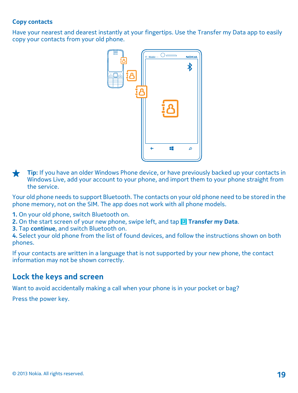 Copy contacts, Lock the keys and screen | Nokia Lumia 810 User Manual | Page 19 / 116