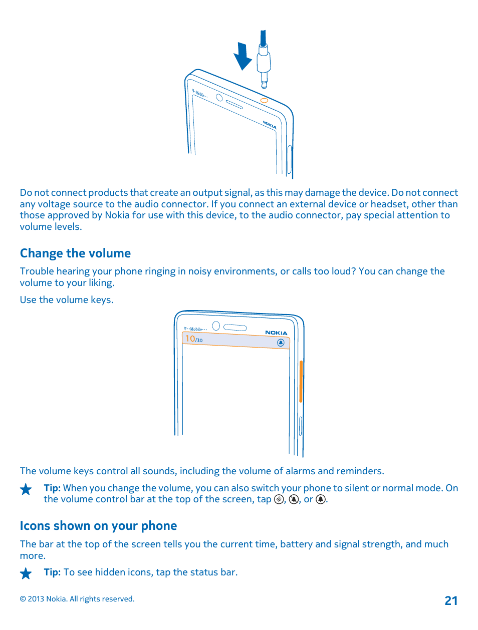 Change the volume, Icons shown on your phone | Nokia Lumia 810 User Manual | Page 21 / 116