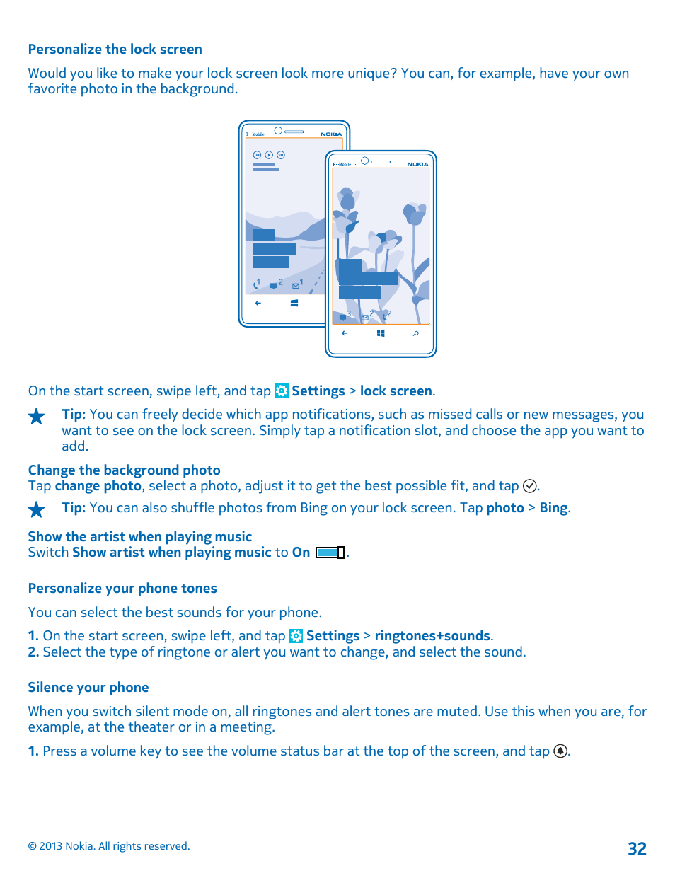 Personalize the lock screen, Personalize your phone tones, Silence your phone | Nokia Lumia 810 User Manual | Page 32 / 116