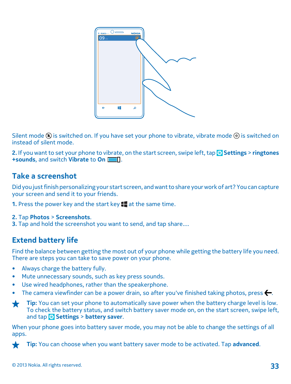 Take a screenshot, Extend battery life | Nokia Lumia 810 User Manual | Page 33 / 116