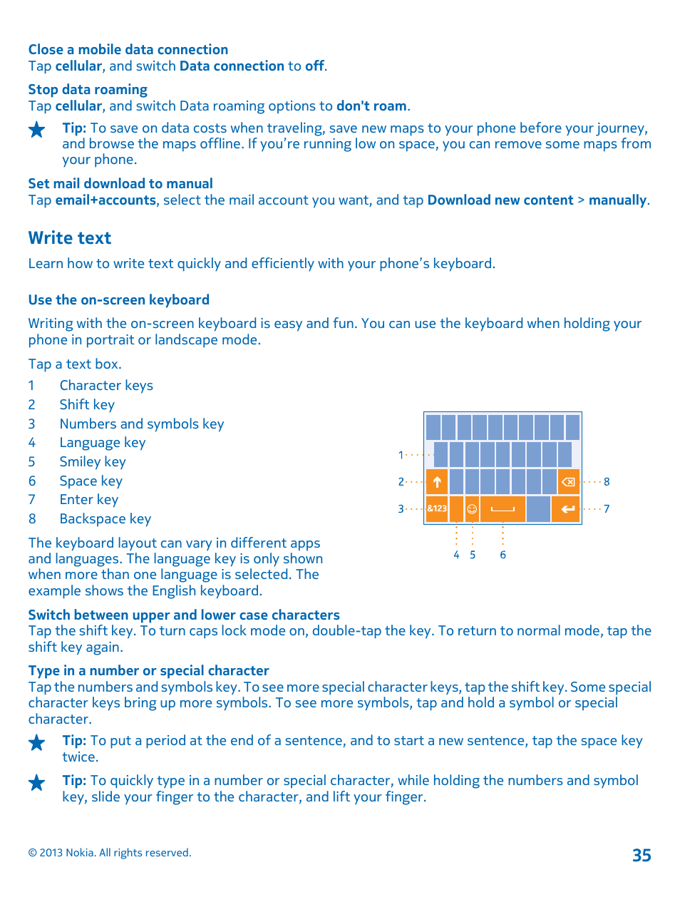 Write text, Use the on-screen keyboard | Nokia Lumia 810 User Manual | Page 35 / 116