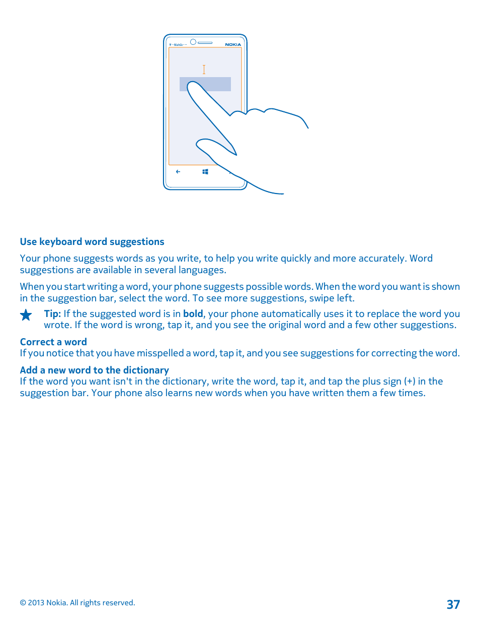 Use keyboard word suggestions | Nokia Lumia 810 User Manual | Page 37 / 116