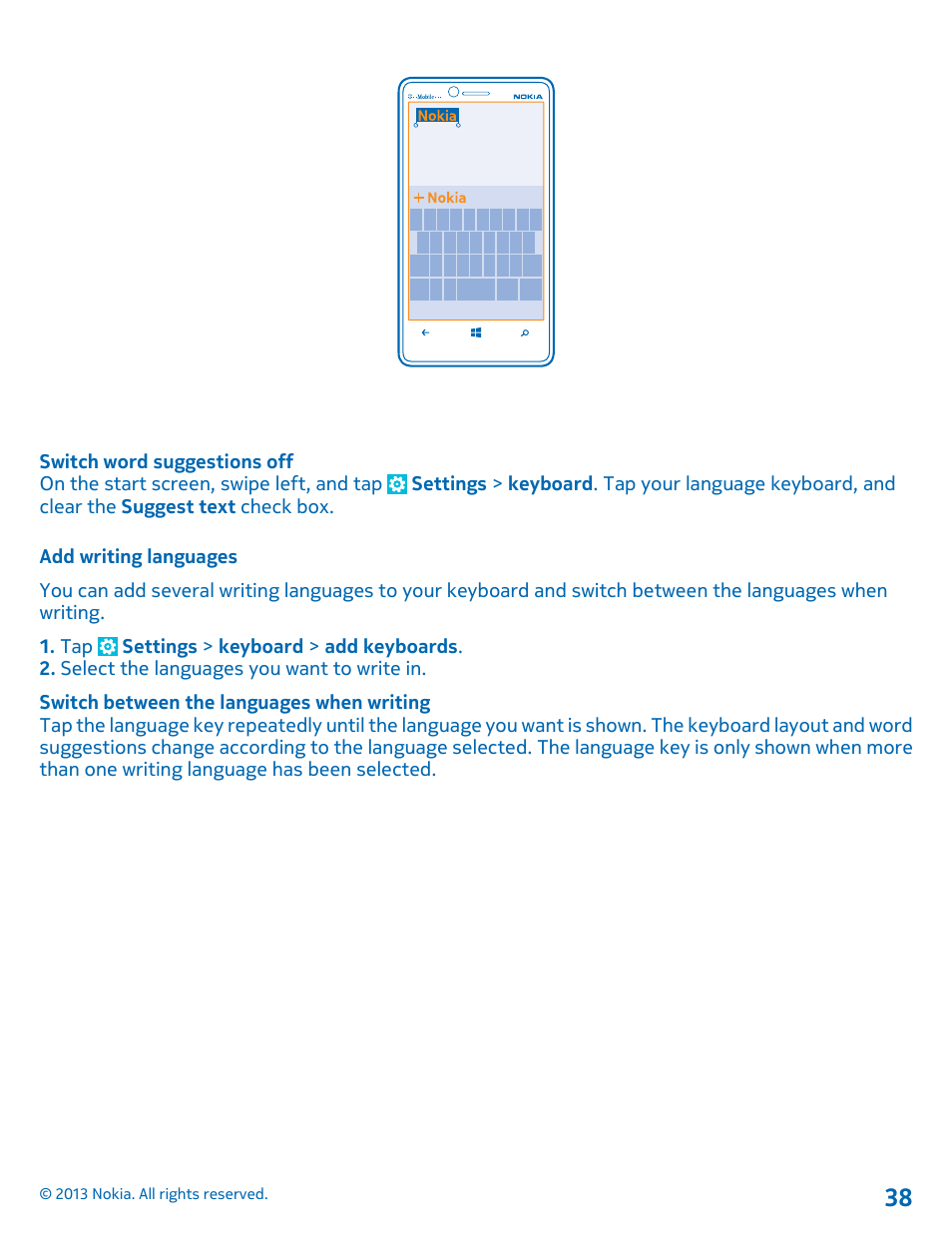Add writing languages | Nokia Lumia 810 User Manual | Page 38 / 116