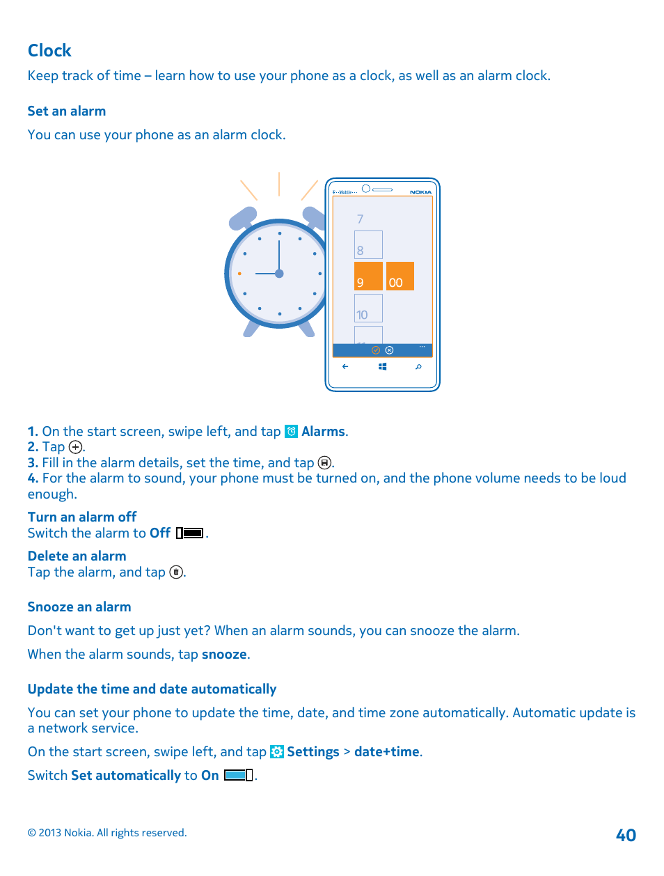 Clock, Set an alarm, Snooze an alarm | Update the time and date automatically, Clock 40 | Nokia Lumia 810 User Manual | Page 40 / 116