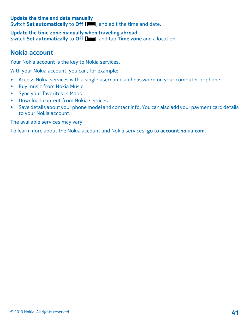 Nokia account | Nokia Lumia 810 User Manual | Page 41 / 116