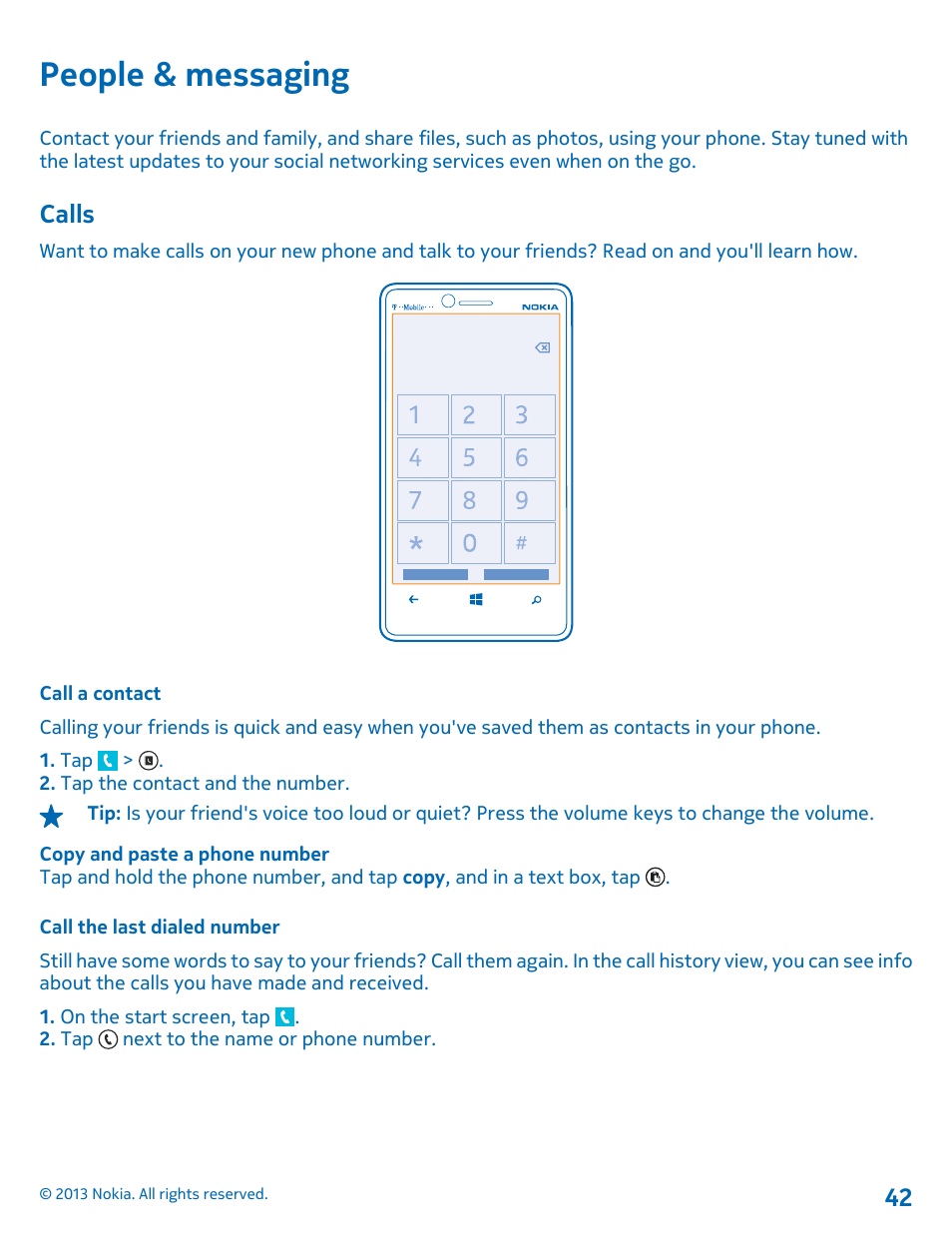 People & messaging, Calls, Call a contact | Call the last dialed number, Calls 42 | Nokia Lumia 810 User Manual | Page 42 / 116