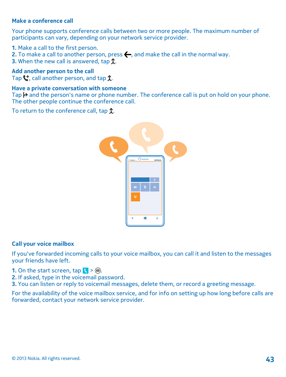 Make a conference call, Call your voice mailbox | Nokia Lumia 810 User Manual | Page 43 / 116