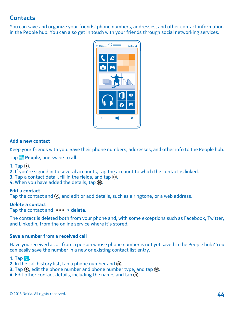 Contacts, Add a new contact, Save a number from a received call | Contacts 44 | Nokia Lumia 810 User Manual | Page 44 / 116