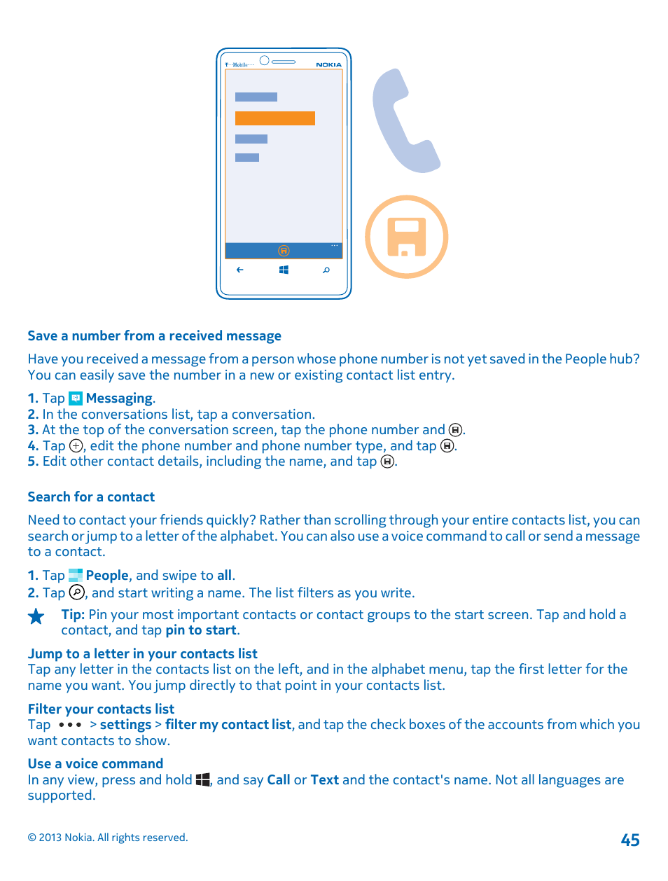 Save a number from a received message, Search for a contact | Nokia Lumia 810 User Manual | Page 45 / 116