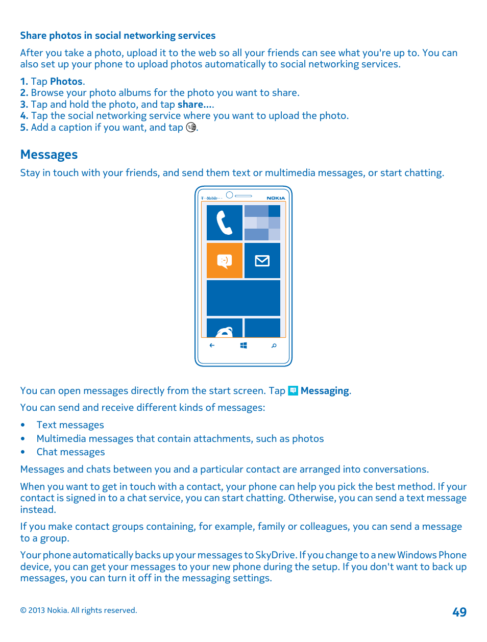 Share photos in social networking services, Messages, Messages 49 | Nokia Lumia 810 User Manual | Page 49 / 116
