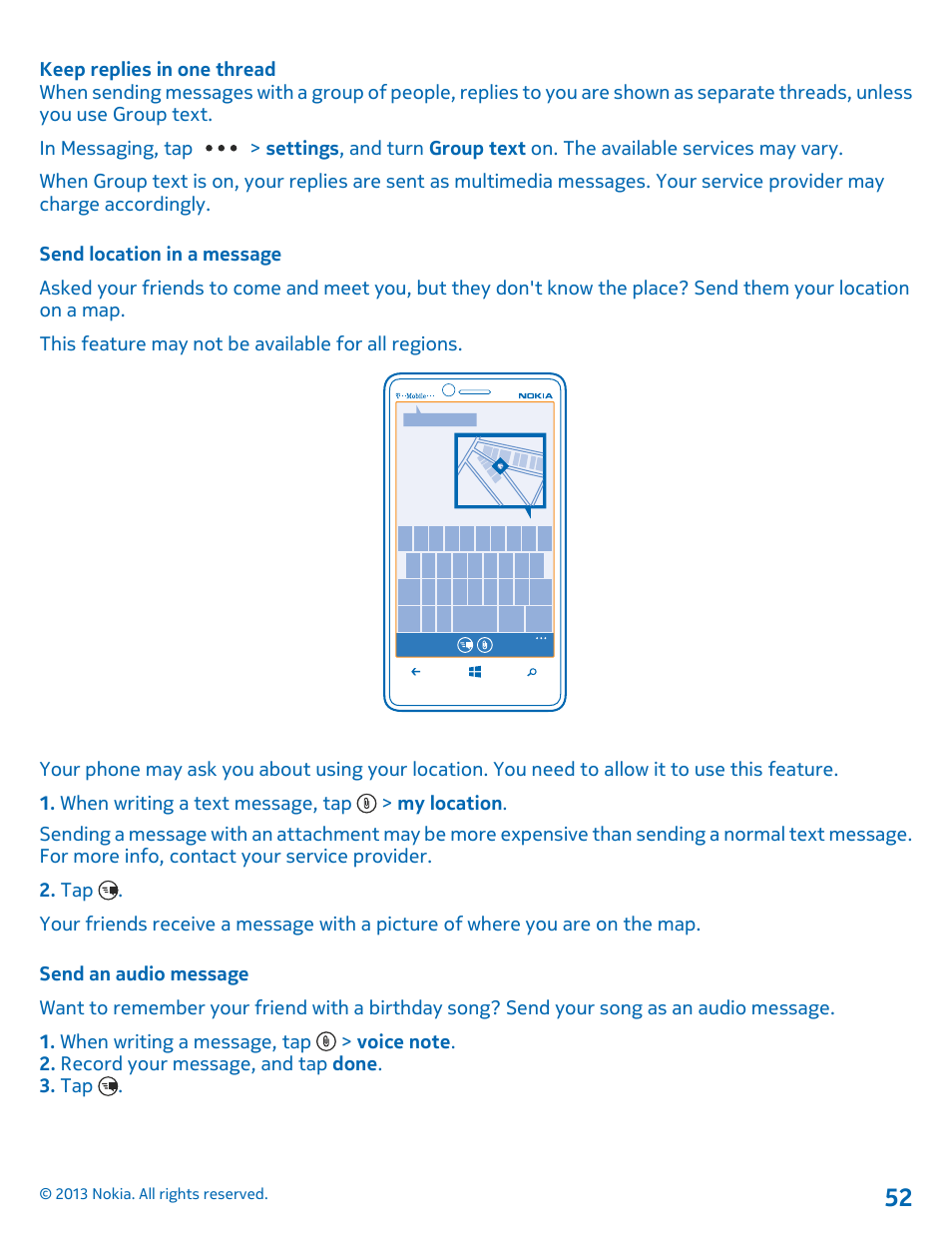 Send location in a message, Send an audio message | Nokia Lumia 810 User Manual | Page 52 / 116