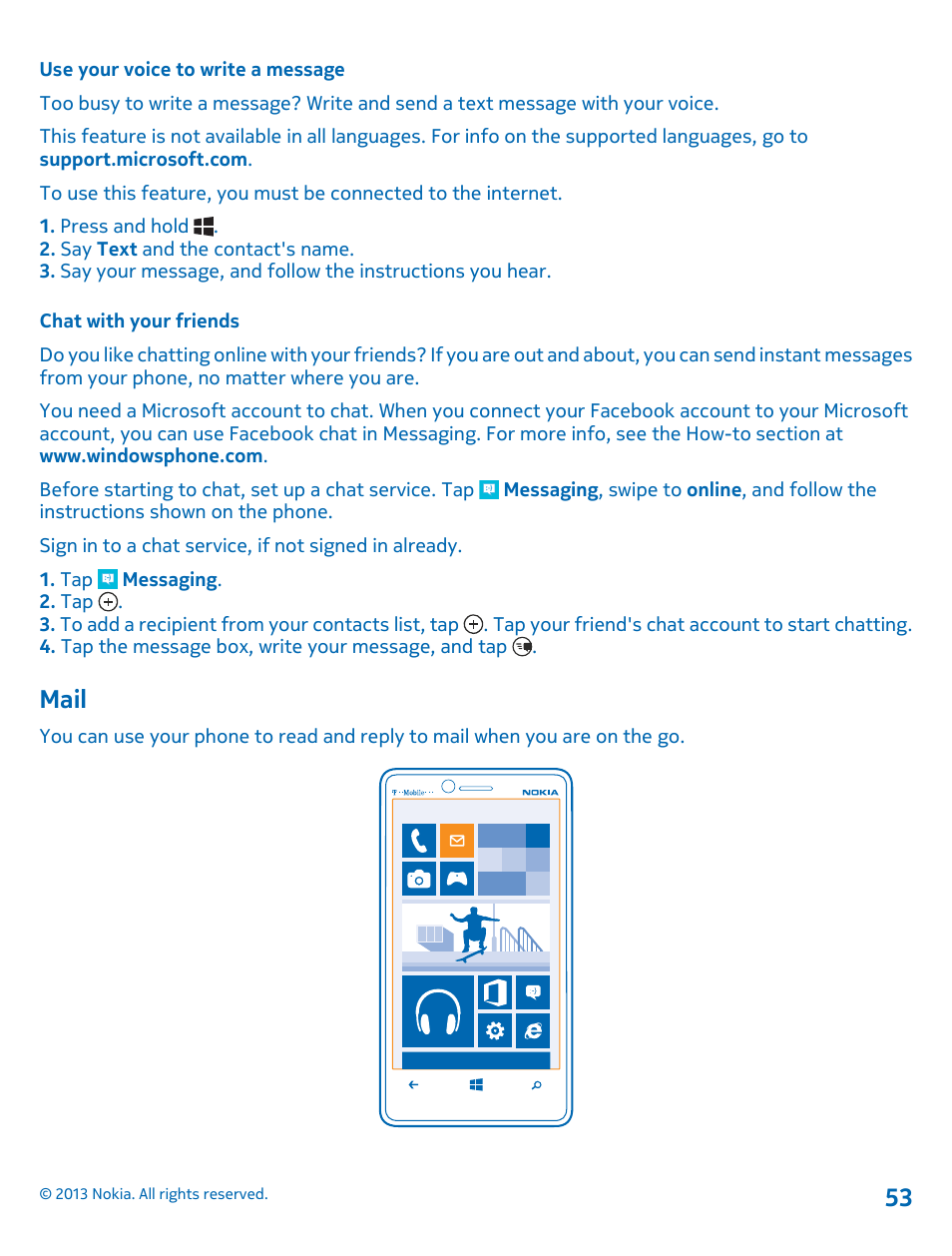 Use your voice to write a message, Chat with your friends, Mail | Mail 53 | Nokia Lumia 810 User Manual | Page 53 / 116