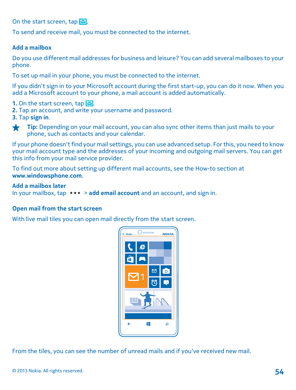 Add a mailbox, Open mail from the start screen | Nokia Lumia 810 User Manual | Page 54 / 116