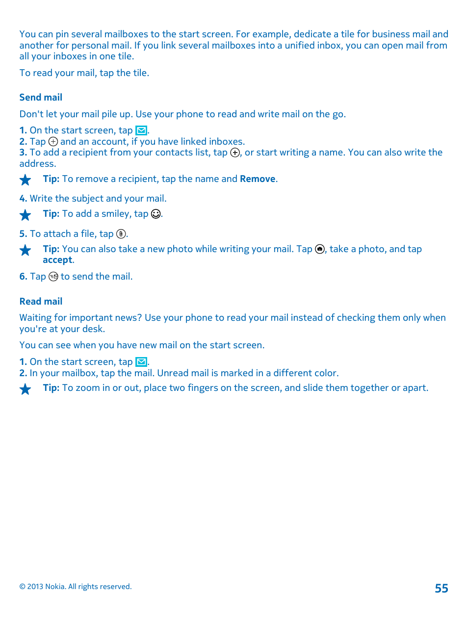 Send mail, Read mail | Nokia Lumia 810 User Manual | Page 55 / 116