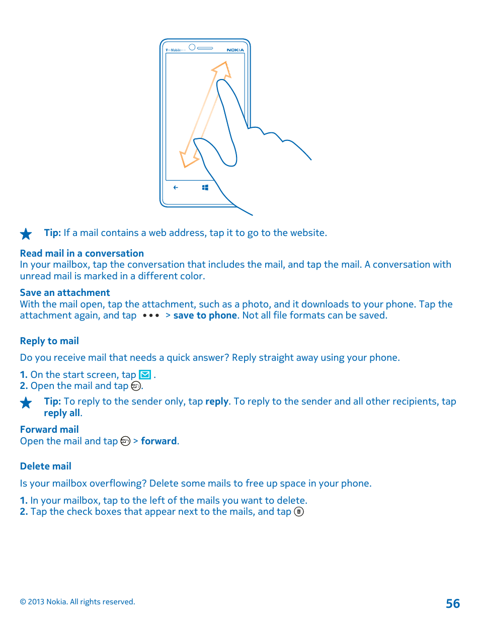 Reply to mail, Delete mail | Nokia Lumia 810 User Manual | Page 56 / 116