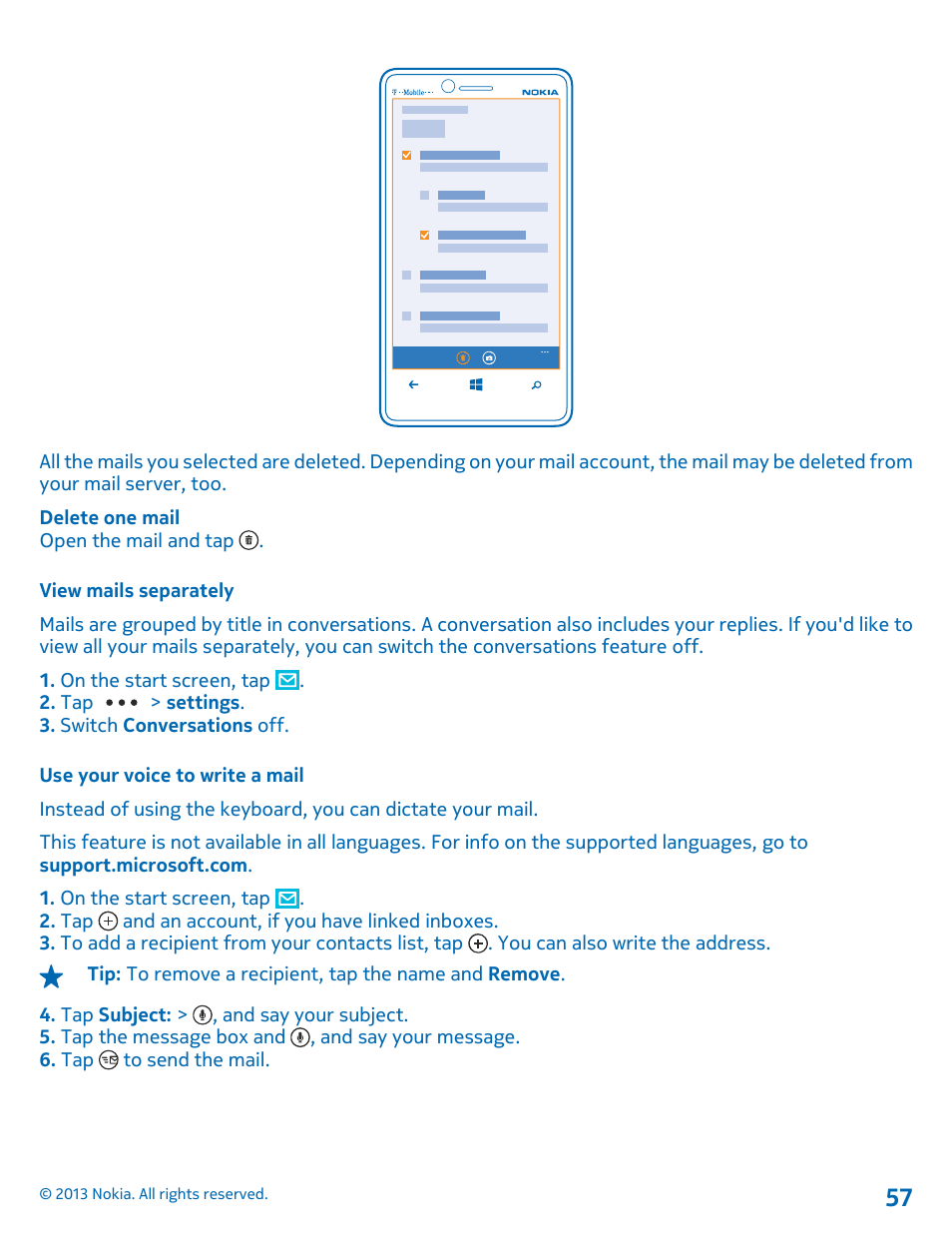 View mails separately, Use your voice to write a mail | Nokia Lumia 810 User Manual | Page 57 / 116