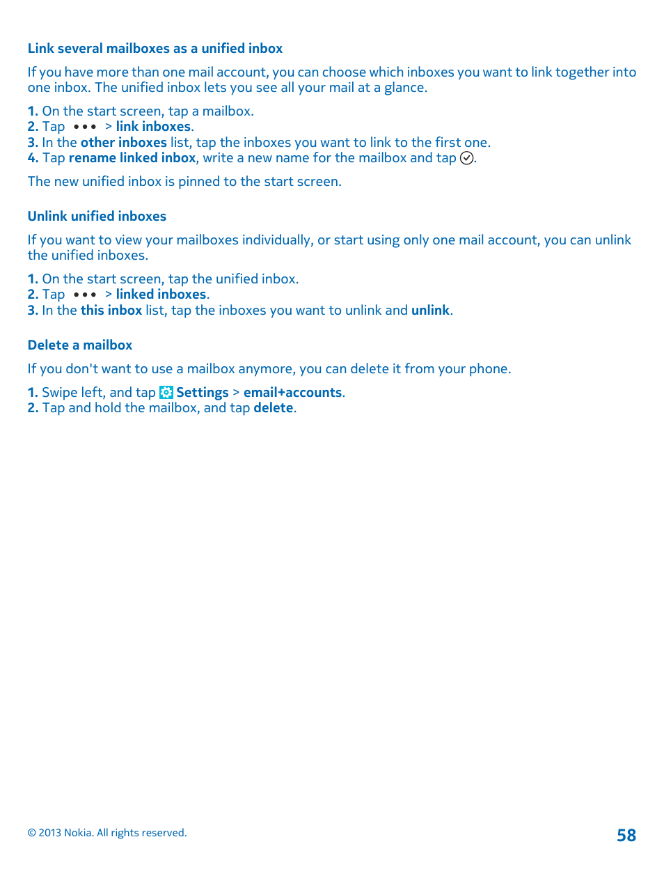 Link several mailboxes as a unified inbox, Unlink unified inboxes, Delete a mailbox | Nokia Lumia 810 User Manual | Page 58 / 116