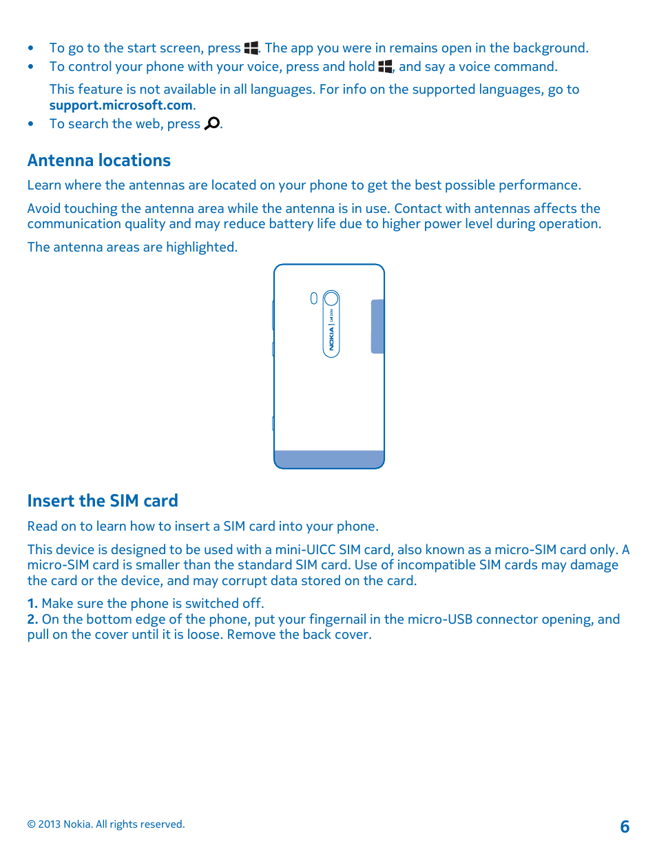 Antenna locations, Insert the sim card | Nokia Lumia 810 User Manual | Page 6 / 116