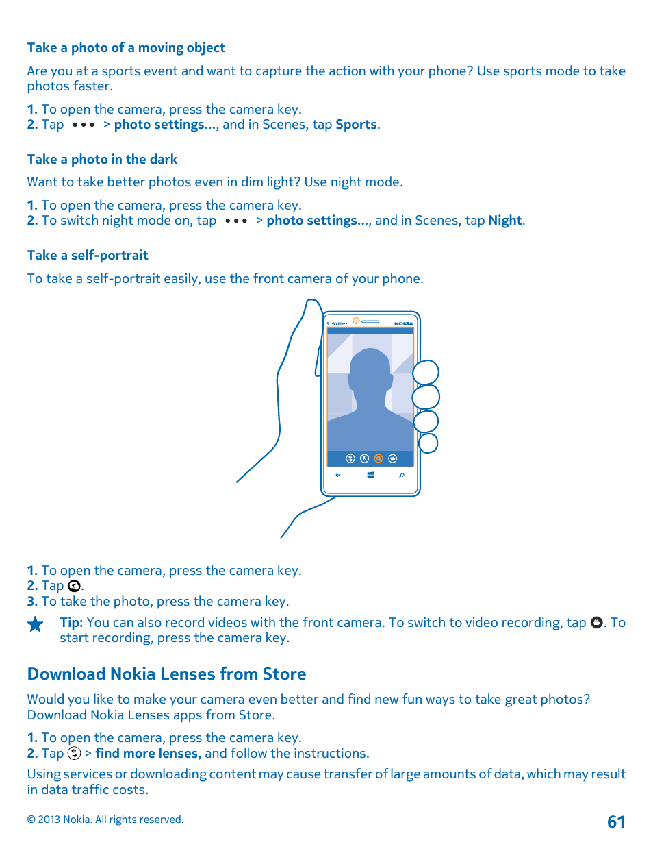 Take a photo of a moving object, Take a photo in the dark, Take a self-portrait | Download nokia lenses from store | Nokia Lumia 810 User Manual | Page 61 / 116