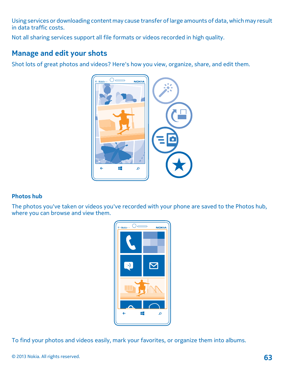 Manage and edit your shots, Photos hub | Nokia Lumia 810 User Manual | Page 63 / 116