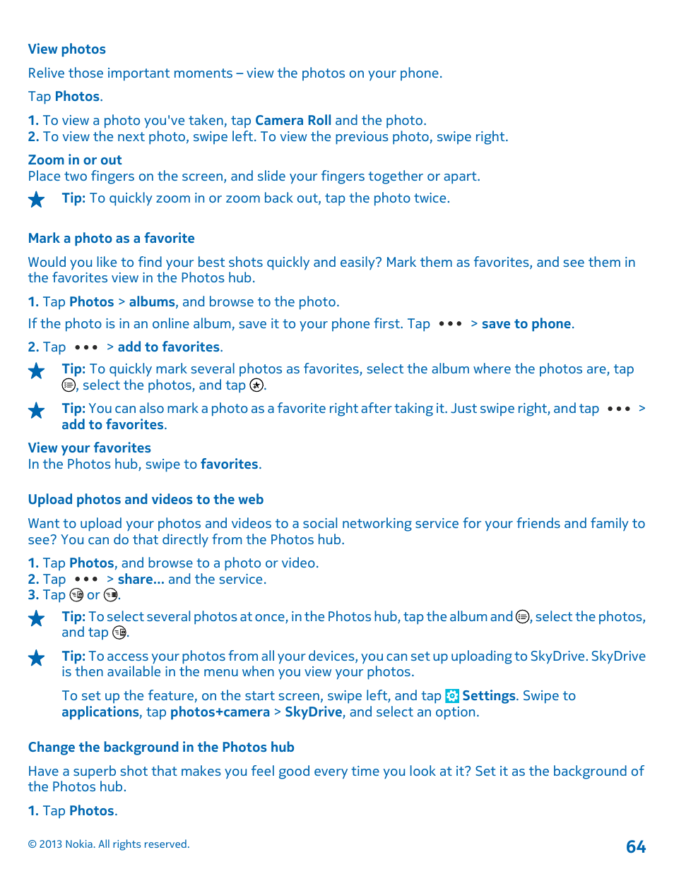 View photos, Mark a photo as a favorite, Upload photos and videos to the web | Change the background in the photos hub | Nokia Lumia 810 User Manual | Page 64 / 116