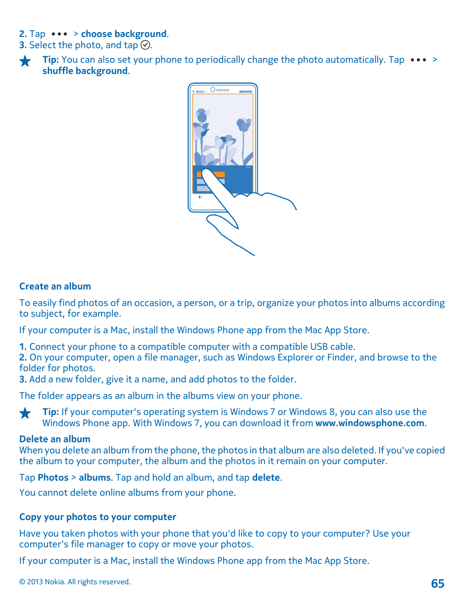 Create an album, Copy your photos to your computer | Nokia Lumia 810 User Manual | Page 65 / 116