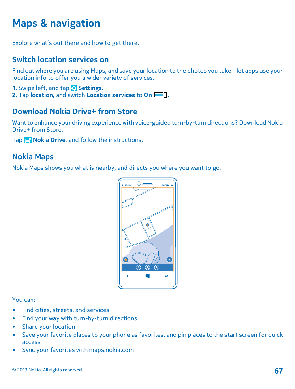 Maps & navigation, Switch location services on, Download nokia drive+ from store | Nokia maps | Nokia Lumia 810 User Manual | Page 67 / 116