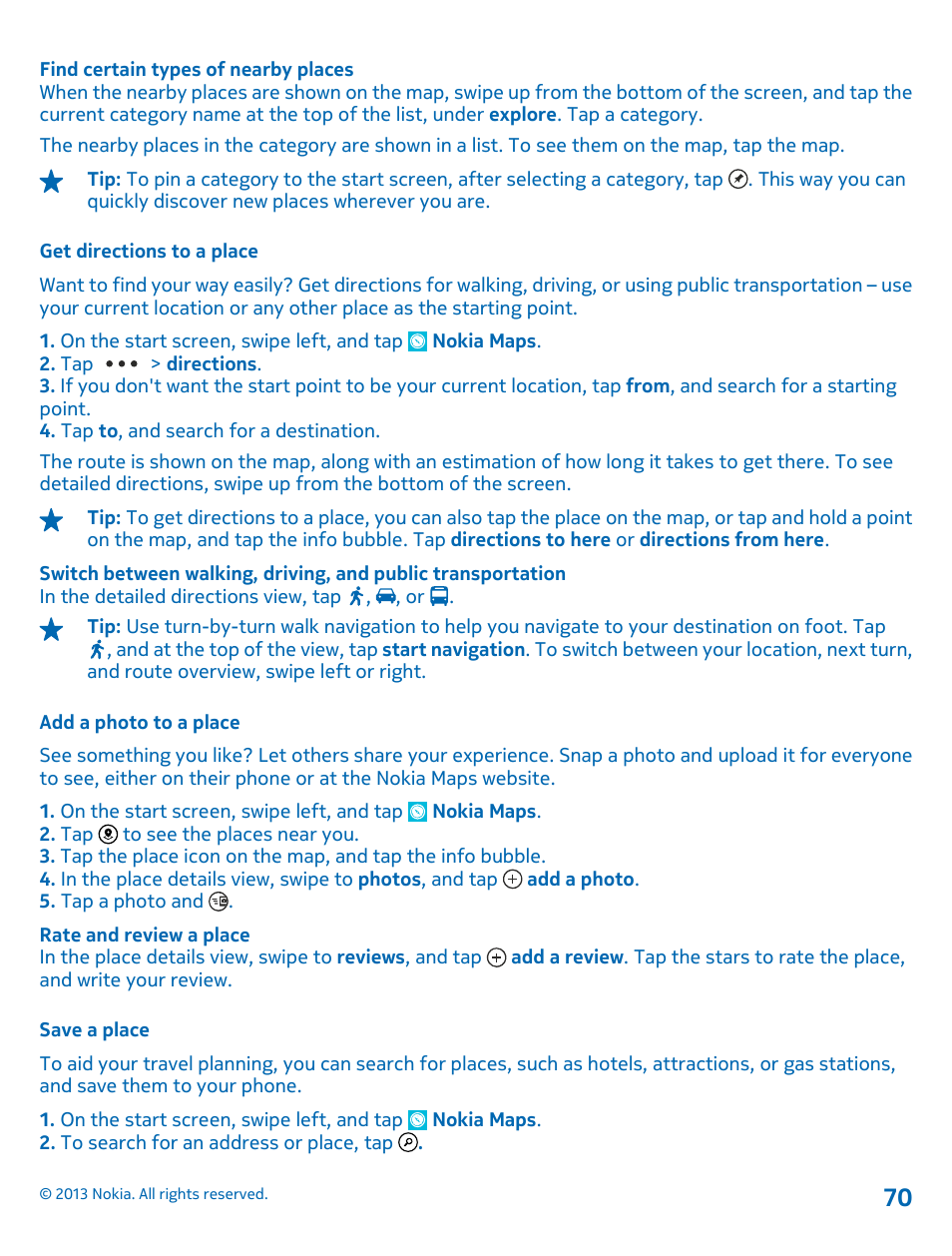 Get directions to a place, Add a photo to a place, Save a place | Nokia Lumia 810 User Manual | Page 70 / 116