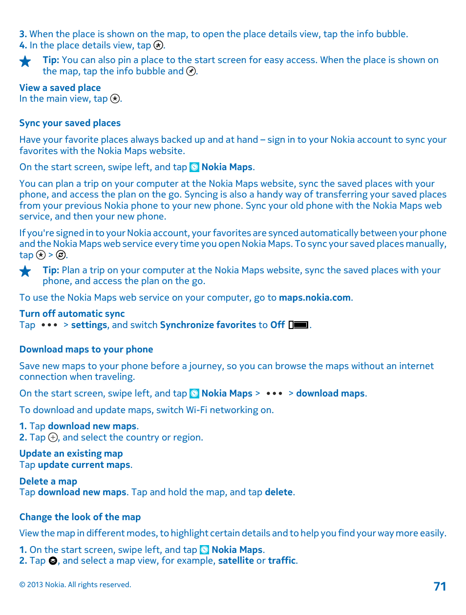 Sync your saved places, Download maps to your phone, Change the look of the map | Nokia Lumia 810 User Manual | Page 71 / 116