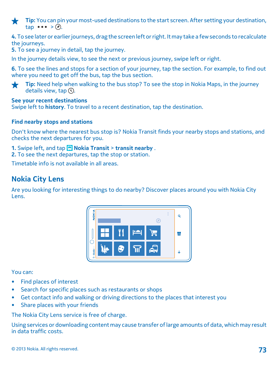 Find nearby stops and stations, Nokia city lens | Nokia Lumia 810 User Manual | Page 73 / 116