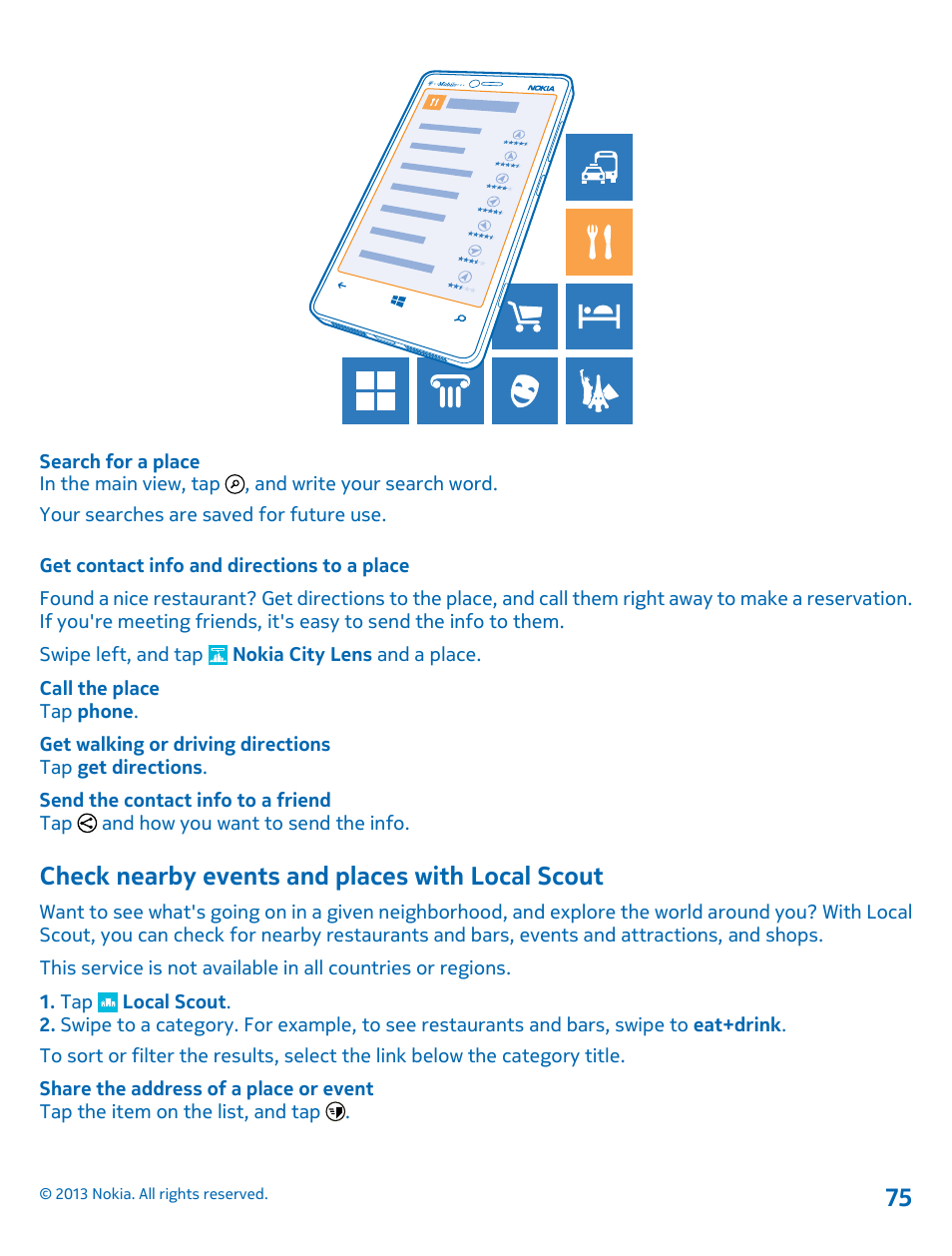 Get contact info and directions to a place, Check nearby events and places with local scout, Check nearby events and places with | Local scout | Nokia Lumia 810 User Manual | Page 75 / 116