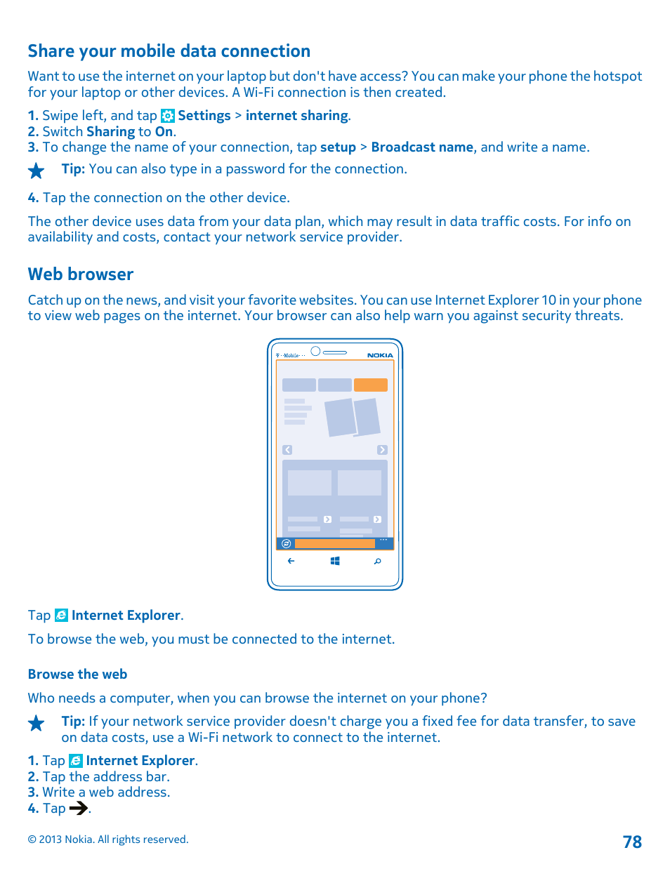 Share your mobile data connection, Web browser, Browse the web | Nokia Lumia 810 User Manual | Page 78 / 116