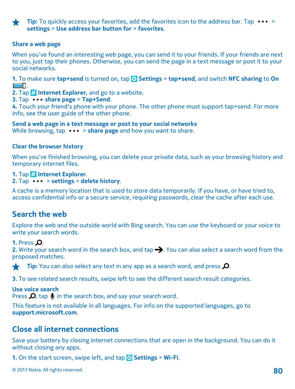 Clear the browser history, Search the web, Close all internet connections | Nokia Lumia 810 User Manual | Page 80 / 116