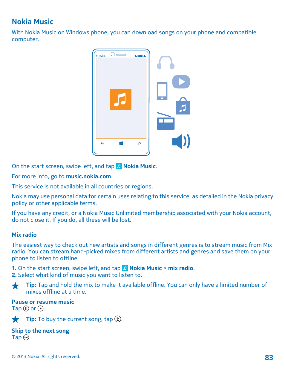 Nokia music, Mix radio | Nokia Lumia 810 User Manual | Page 83 / 116