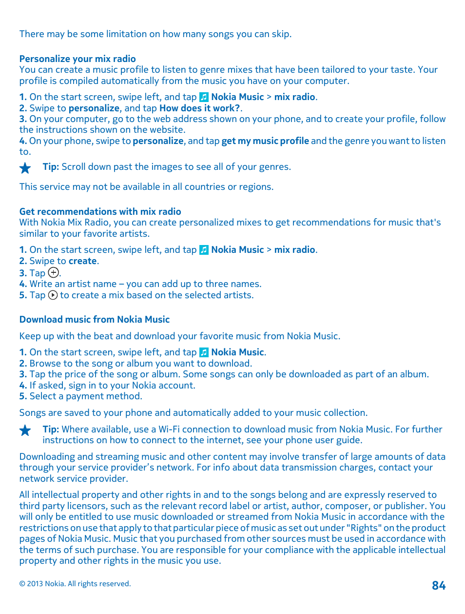 Personalize your mix radio, Get recommendations with mix radio, Download music from nokia music | Nokia Lumia 810 User Manual | Page 84 / 116