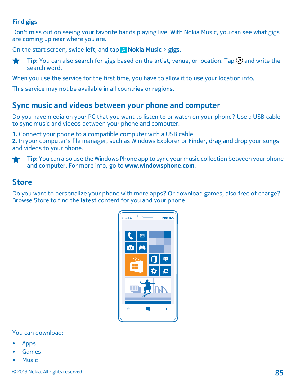 Find gigs, Store, Sync music and videos between your | Phone and computer, Store 85 | Nokia Lumia 810 User Manual | Page 85 / 116