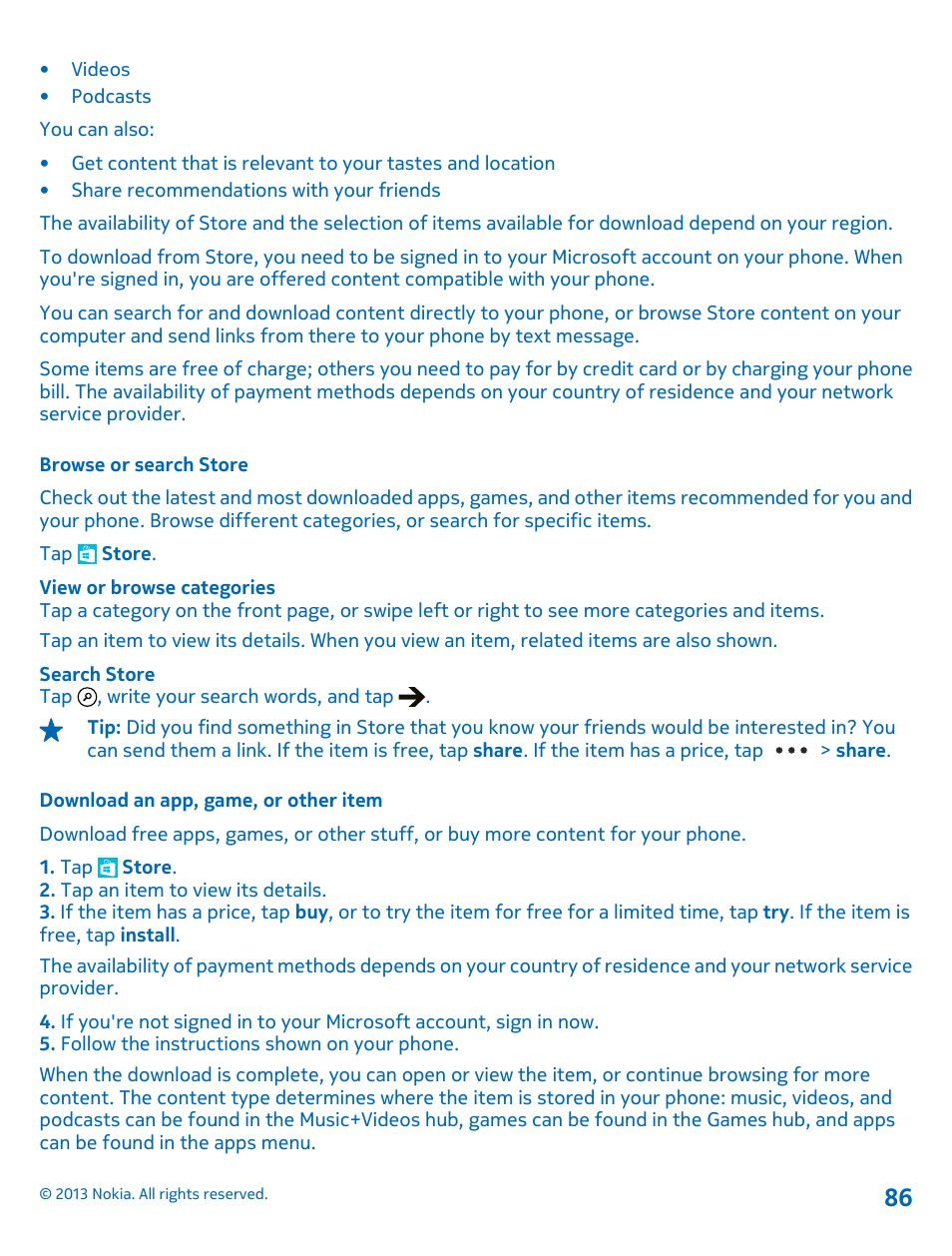 Browse or search store, Download an app, game, or other item | Nokia Lumia 810 User Manual | Page 86 / 116