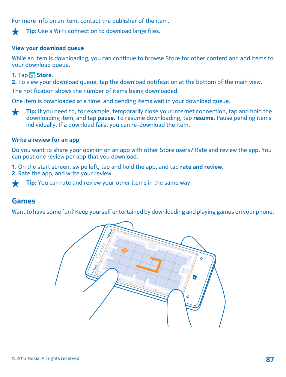 View your download queue, Write a review for an app, Games | Games 87 | Nokia Lumia 810 User Manual | Page 87 / 116