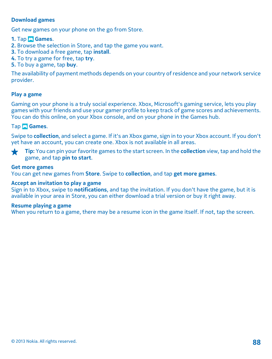 Download games, Play a game | Nokia Lumia 810 User Manual | Page 88 / 116